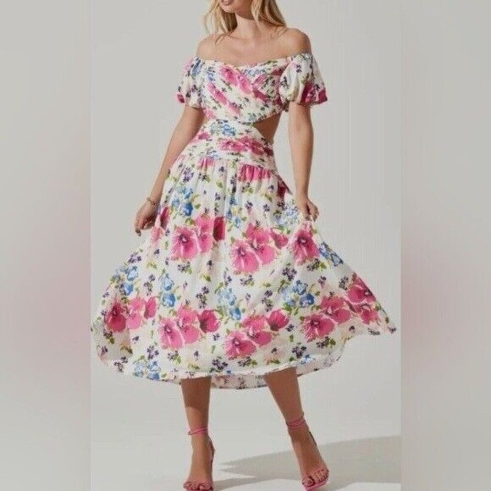 ASTR‎ THE LABEL Liliosa Floral Off-Shoulder Midi Dress Cut Outs Colorful Sz XS